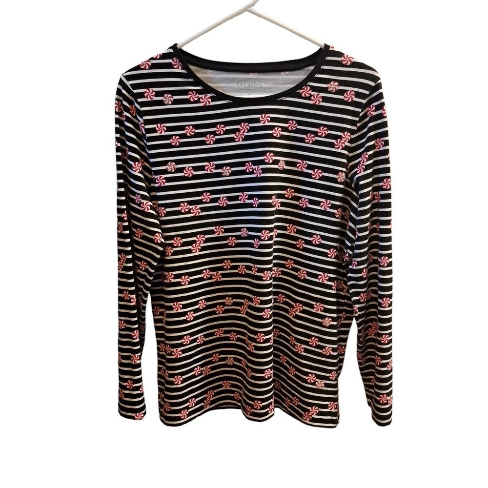 Talbots Woman Holiday Mints and Black/White Stripe Long Sleeve Top Size X(0X)